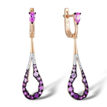 Sterling Silver w/ Rose Black White Plating Earrings Created Pink Sapphire,White Cubic Zirconia (E307414CPSZSV925)