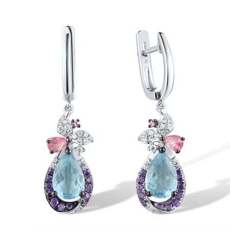 Sterling Silver w/ Black White Plating Earrings White Cubic Zirconia,Blue Glass,Created Pink Sapphire,Pink Glass,Amethyst Cubic Zirconia (E307433MULSK925)