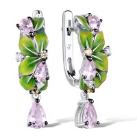 Sterling Silver w/ Black White Plating Earrings Yellow Cubic Zirconia,Enamel,Pink Glass,White Cubic Zirconia (E307584ENASK925)