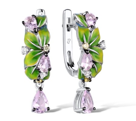 Sterling Silver w/ Black White Plating Earrings Yellow Cubic Zirconia,Enamel,Pink Glass,White Cubic Zirconia (E307584ENASK925)