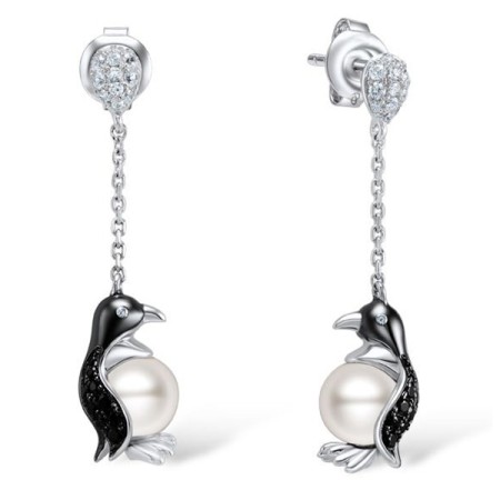 Sterling Silver w/ Black White Plating Earrings Fresh Water White Pearl,White Cubic Zirconia,Black spinel (E307621BSFZSK925)