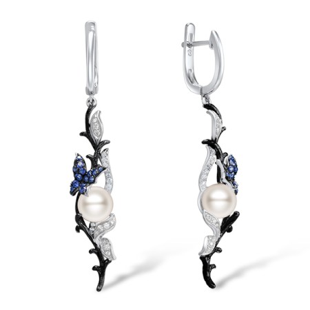 Sterling Silver w/ Black White Plating Earrings Fresh Water White Pearl,White Cubic Zirconia,Blue Nano Cubic Zirconia (E307634BNFZSK925)