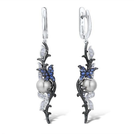 Sterling Silver w/ Black White Plating Earrings Grey Shell Beads,White Cubic Zirconia,Blue Nano Cubic Zirconia (E307634BWZGSK925)