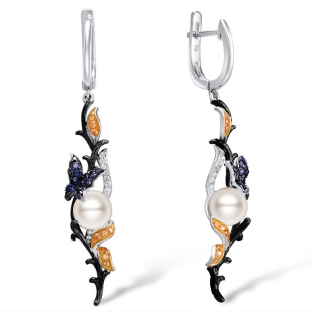 Sterling Silver w/ Rose Black White Plating Earrings White Cubic Zirconia,Blue Nano Cubic Zirconia,Champagne Cubic Zirconia,Fresh Water White Pearl (E307634MULSV925)