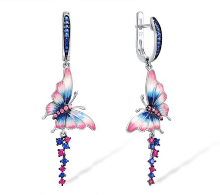 Sterling Silver Earrings Created Ruby,Enamel,Blue Spinel,Created Pink Sapphire (E307664ENASL925)