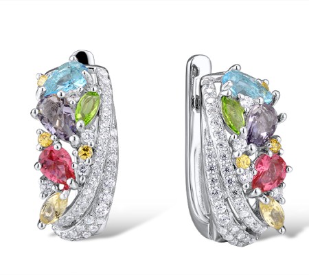 Sterling Silver Earrings Purple Glass,Blue Glass,White Cubic Zirconia,Green Glass,Yellow Cubic Zirconia,Pink Glass,Yellow Glass (E307743MUL2SL925)