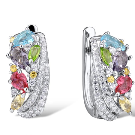 Sterling Silver Earrings Purple Glass,Blue Glass,White Cubic Zirconia,Green Glass,Yellow Cubic Zirconia,Pink Glass,Yellow Glass (E307743MUL2SL925)
