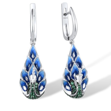 Sterling Silver w/ Black White Plating Earrings Blue Nano Cubic Zirconia,Enamel,Green Spinel (E307951ENA1SK925)