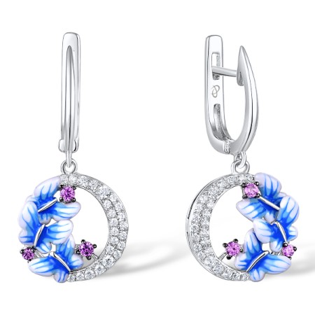 Sterling Silver w/ Black White Plating Earrings Enamel,White Cubic Zirconia,Created Pink Sapphire (E308012ENA1SK925)