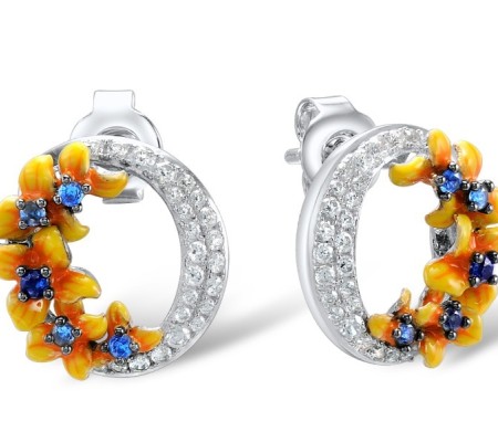 Sterling Silver Earrings Blue Spinel,Enamel,White Cubic Zirconia (E308013ENASL925)