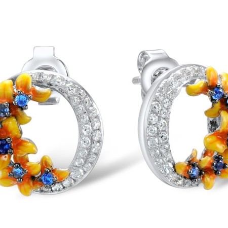 Sterling Silver Earrings Blue Spinel,Enamel,White Cubic Zirconia (E308013ENASL925)