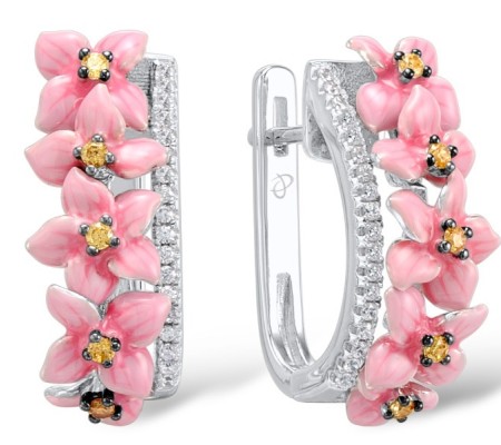 Sterling Silver Earrings Enamel,White Cubic Zirconia,Yellow Cubic Zirconia (E308014ENASL925)