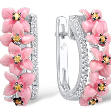 Sterling Silver Earrings Enamel,White Cubic Zirconia,Yellow Cubic Zirconia (E308014ENASL925)