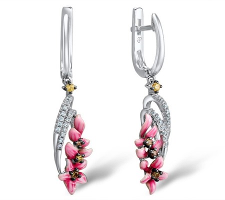 Sterling Silver Earrings Enamel,White Cubic Zirconia,Yellow Cubic Zirconia (E308018ENASL925)