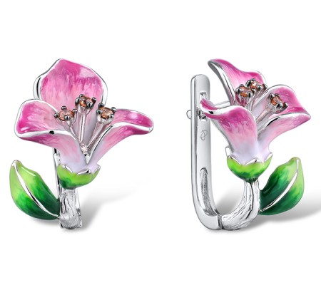 Sterling Silver w/ Black White Plating Earrings Champagne Cubic Zirconia,Enamel (E308087ENA1SK925)