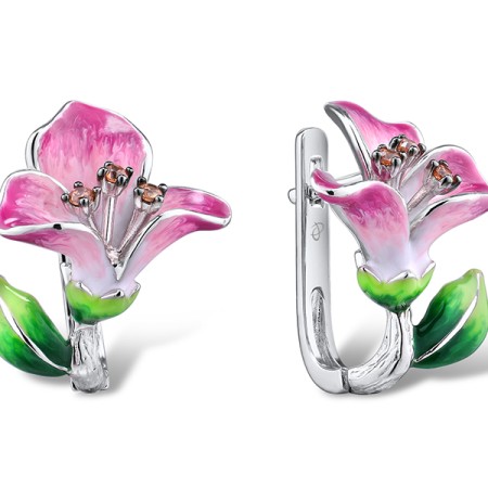 Sterling Silver w/ Black White Plating Earrings Champagne Cubic Zirconia,Enamel (E308087ENA1SK925)