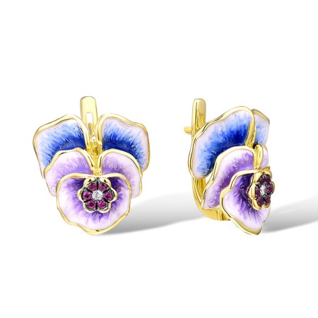 Sterling Silver w/ Yellow Black Plating Earrings Created Ruby,Enamel,White Cubic Zirconia (E308089ENASC925)