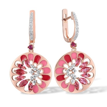 Sterling Silver w/ IONIC ROSE PLATING Earrings Created Ruby,Enamel,Pink Glass,White Cubic Zirconia (E308114ENASQ925)