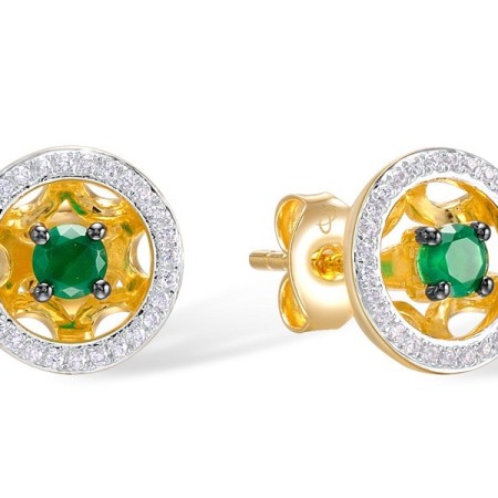 Sterling Silver w/ Yellow Plating Earrings Dyed Green Agate,White Cubic Zirconia (E308270GEZSY925)