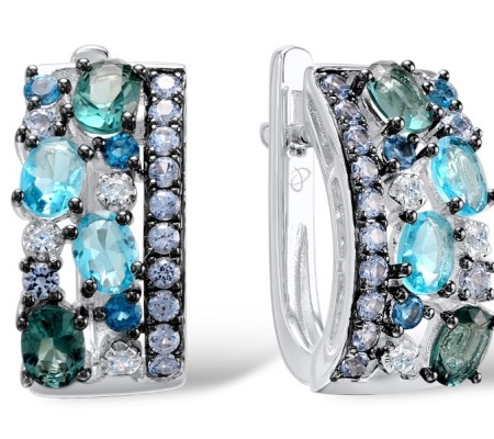 Sterling Silver Earrings Blue Glass,Blue Spinel,London Blue Topaz,White Cubic Zirconia (E308287MULSL925)