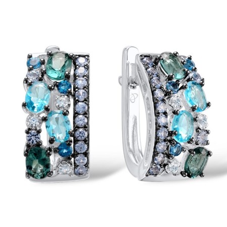 Sterling Silver Earrings Blue Glass,Blue Spinel,London Blue Topaz,White Cubic Zirconia (E308287MULSL925)