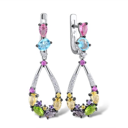 Sterling Silver w/ Black White Plating Earrings Pink Glass,Blue Glass,Yellow Glass,Purple Glass,Created Pink Sapphire,White Cubic Zirconia,Green Glass,Amethyst Cubic Zirconia,Yellow Cubic Zirconia (E308432MUL1SK925)