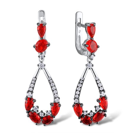 Sterling Silver w/ Black White Plating Earrings Red Glass,White Cubic Zirconia (E308432REGZSK925)