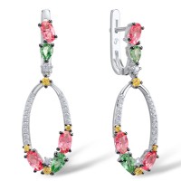 Sterling Silver Earrings White Cubic Zirconia,Yellow Cubic Zirconia,Green Glass,Pink Glass (E308433MULSL925)
