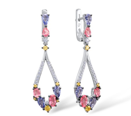 Sterling Silver Earrings Purple Glass,White Cubic Zirconia,Yellow Cubic Zirconia,Pink Glass (E308434MULSL925)