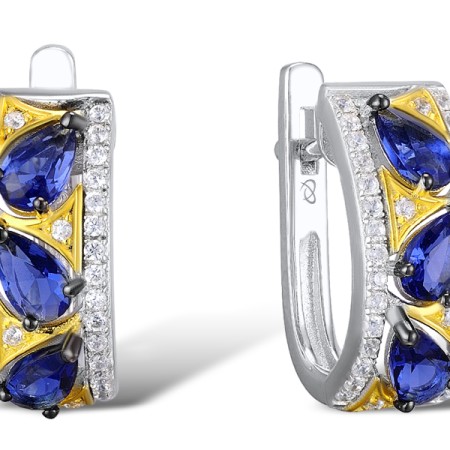 Sterling Silver w/ Yellow Black White Plating Earrings Blue Glass,White Cubic Zirconia (E308456BLGZSZ925)