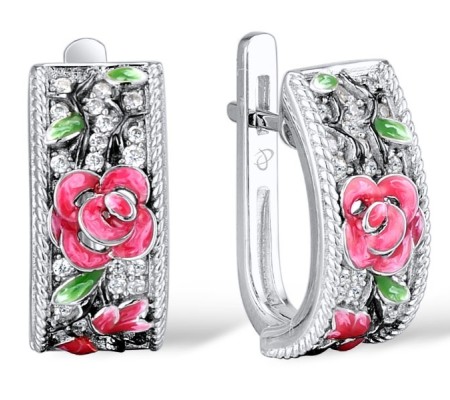 Sterling Silver w/ Black White Plating Earrings Enamel,White Cubic Zirconia (E308479ENASK925)