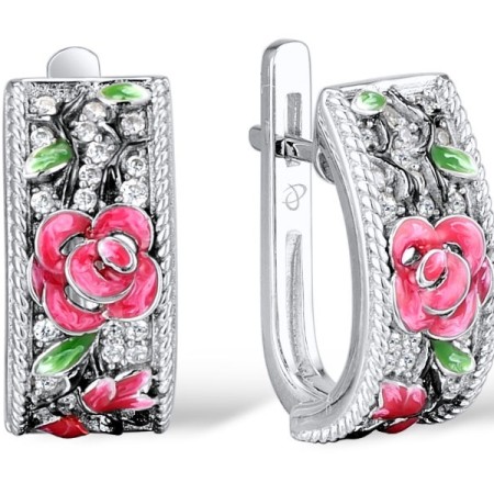Sterling Silver w/ Black White Plating Earrings Enamel,White Cubic Zirconia (E308479ENASK925)