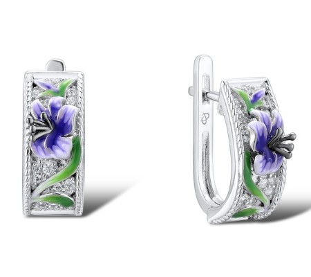 Sterling Silver w/ Black White Plating Earrings Enamel,White Cubic Zirconia (E308480ENA1SK925)