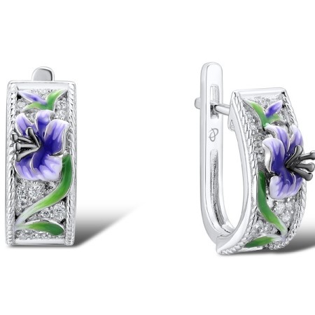 Sterling Silver w/ Black White Plating Earrings Enamel,White Cubic Zirconia (E308480ENA1SK925)