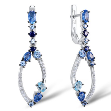 Sterling Silver Earrings Blue Spinel,White Cubic Zirconia,Blue Glass,Blue Nano Cubic Zirconia (E308530MULSL925)