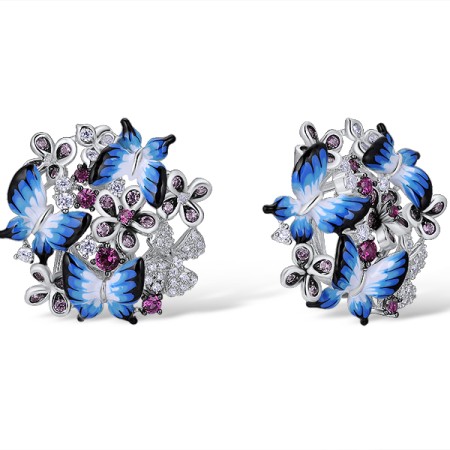 Sterling Silver w/ Black White Plating Earrings Created Pink Sapphire,White Cubic Zirconia,Created Ruby,Enamel (E308560ENASK925)