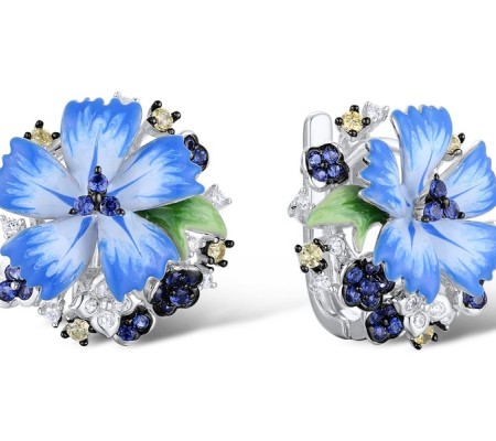 Sterling Silver w/ Black White Plating Earrings Blue Nano Cubic Zirconia,Enamel,White Cubic Zirconia,Yellow Cubic Zirconia (E308561ENA1SK925)