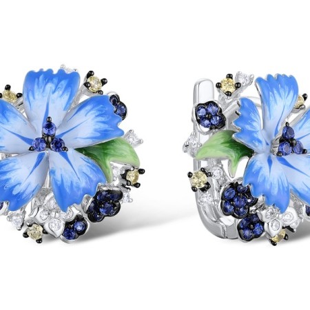 Sterling Silver w/ Black White Plating Earrings Blue Nano Cubic Zirconia,Enamel,White Cubic Zirconia,Yellow Cubic Zirconia (E308561ENA1SK925)