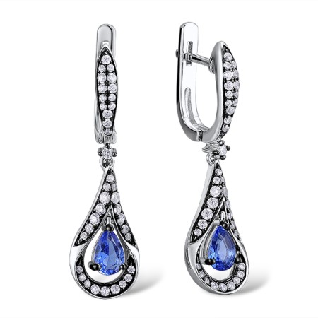 Sterling Silver w/ Black Plating Earrings Blue Glass,White Cubic Zirconia (E308589BLGZSK1925)