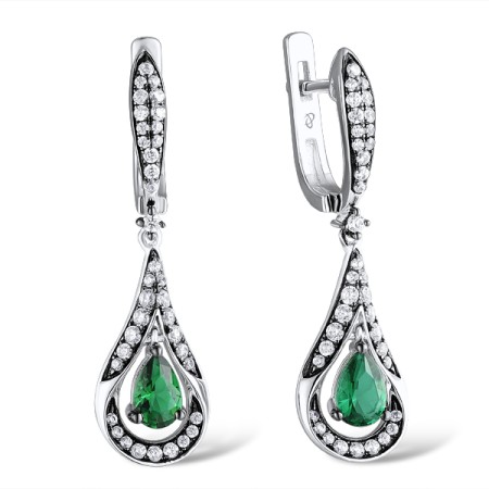Sterling Silver w/ Black White Plating Earrings Green Glass,White Cubic Zirconia (E308589GRGZSK925)