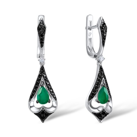 Sterling Silver w/ Black White Plating Earrings Dyed Green Agate,White Cubic Zirconia,Black spinel (E308591GABZSK925)