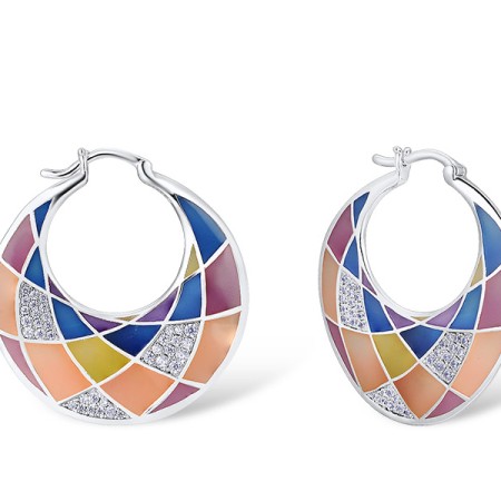 Brass w/ White Gold Plating Earrings Enamel,White Cubic Zirconia (E308597ENA1BRW)