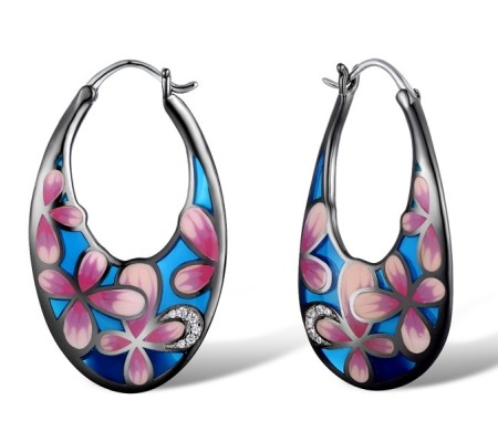 Sterling Silver w/ Black White Plating Earrings Enamel,White Cubic Zirconia (E308605ENASK925)