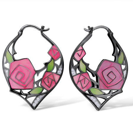 Sterling Silver w/ Black Plating Earrings Enamel,White Cubic Zirconia (E308816ENASK1925)