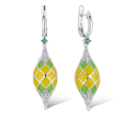 Brass w/ White Gold Plating Earrings Enamel,Green Spinel,White Cubic Zirconia (E308953ENA2BRW)
