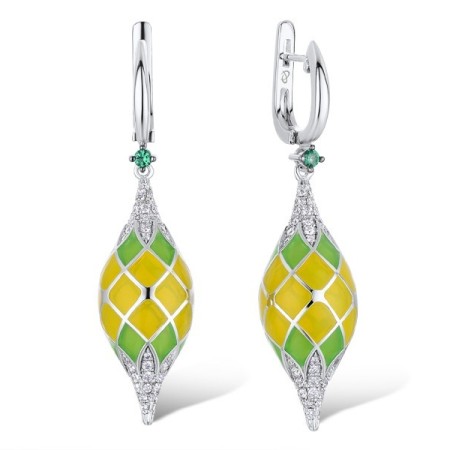 Brass w/ White Gold Plating Earrings Enamel,Green Spinel,White Cubic Zirconia (E308953ENA2BRW)