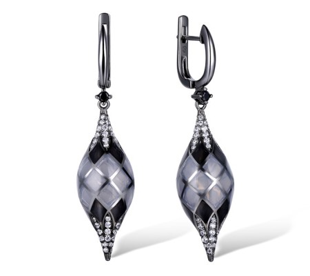 Brass w/ Black Plating Earrings Black spinel,Enamel,White Cubic Zirconia (E308953ENA3BRB)
