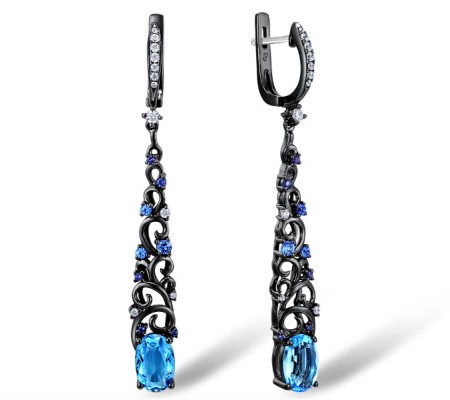 Sterling Silver w/ Black White Plating Earrings Blue Spinel,White Cubic Zirconia,Blue Glass,Blue Nano Cubic Zirconia (E308958MULSK925)