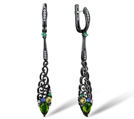 Sterling Silver w/ Black White Plating Earrings White Cubic Zirconia,Green Glass,Green Nano Cubic Zirconia (Per,Green Spinel,Blue Spinel (E308959MUL1SK925)