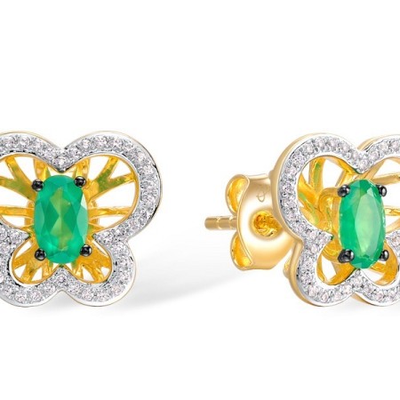 Sterling Silver w/ Yellow Plating Earrings Green Chalcedony,White Cubic Zirconia (E308972GCWZSY925)